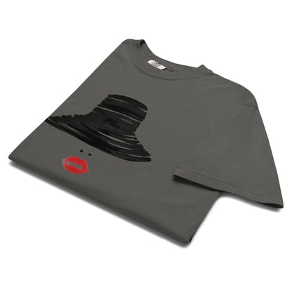Pepper gray t-shirt with black graphic and red lips on a white background