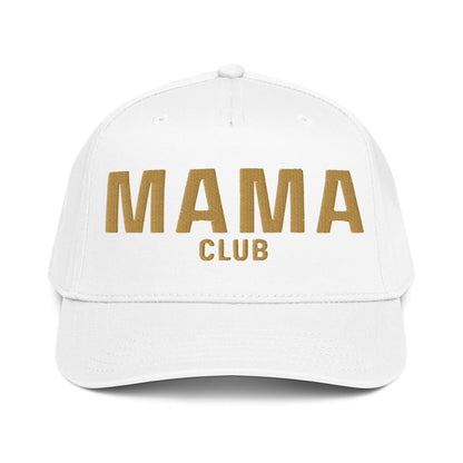 White cap with 'MAMA CLUB' text in gold on a white background