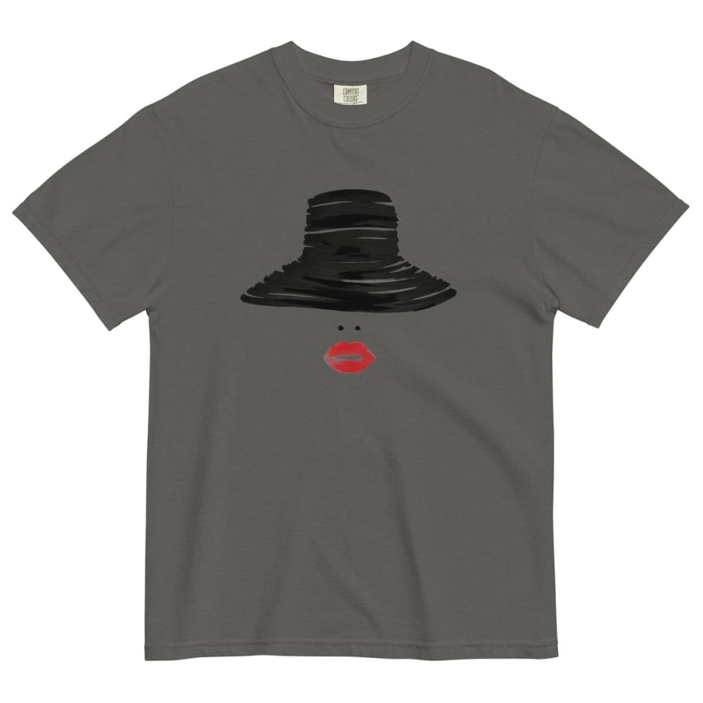 Pepper gray t-shirt with a black hat and red lips graphic on a white background