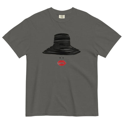 Pepper gray t-shirt with a black hat and red lips graphic on a white background