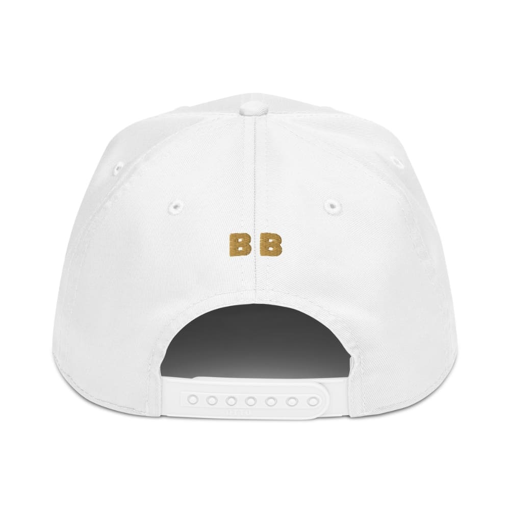 White cap with yellow logo on a white background