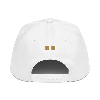 White cap with yellow logo on a white background