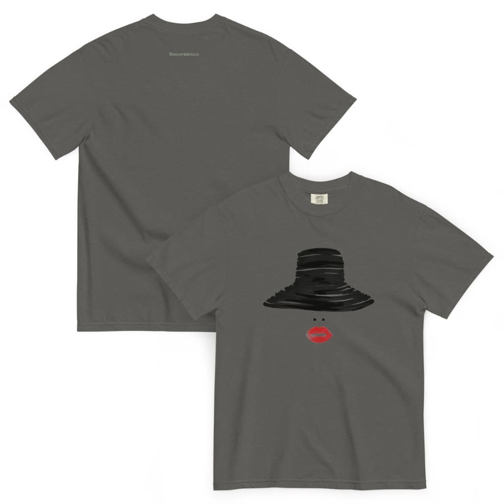 Two pepper gray t-shirts, one plain and one with a black hat and red mouth graphic.