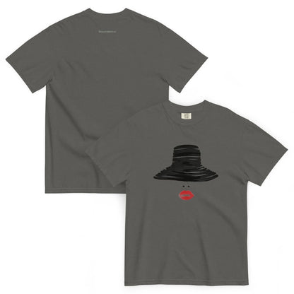 Two pepper gray t-shirts, one plain and one with a black hat and red mouth graphic.