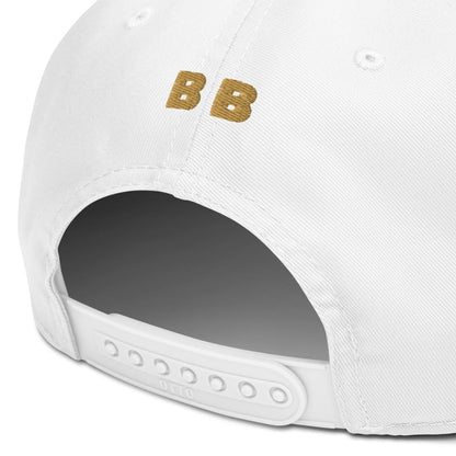 White cap with gold logo on a white background
