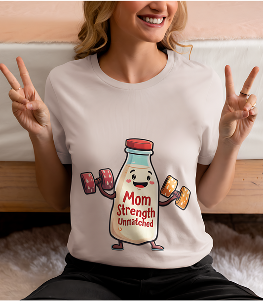 Person wearing a t-shirt with a milk bottle cartoon and text, making peace signs.
