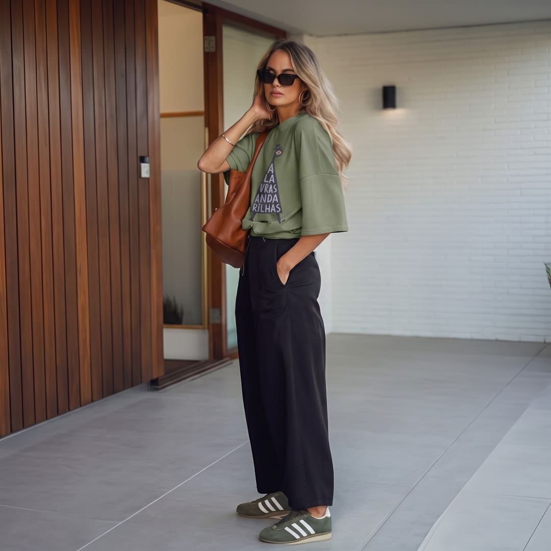 A woman stands in a modern outdoor walkway wearing an olive green graphic t-shirt, black wide-leg pants, olive green sneakers, and carrying a brown leather shoulder bag.