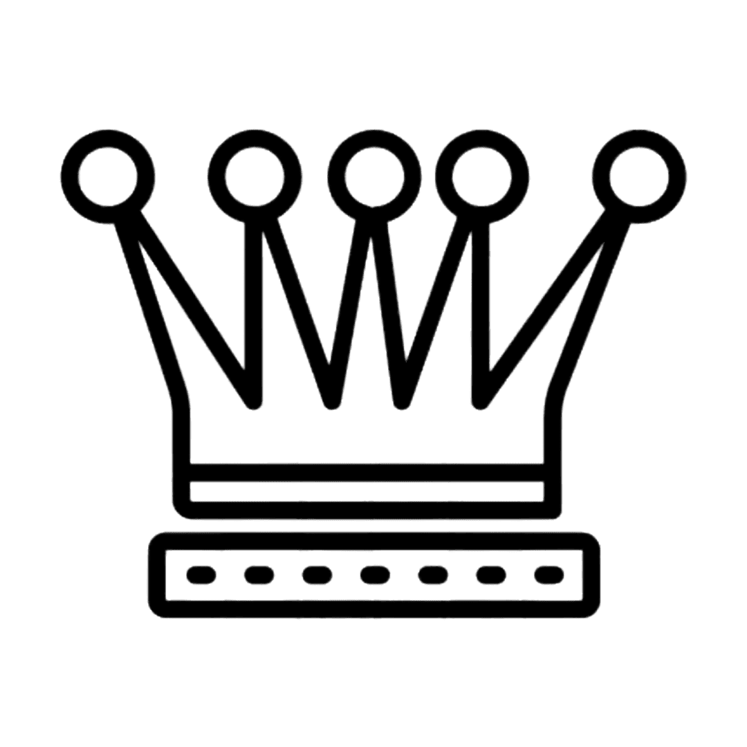 A black outline icon of a five-point crown centered on a solid dark green background.