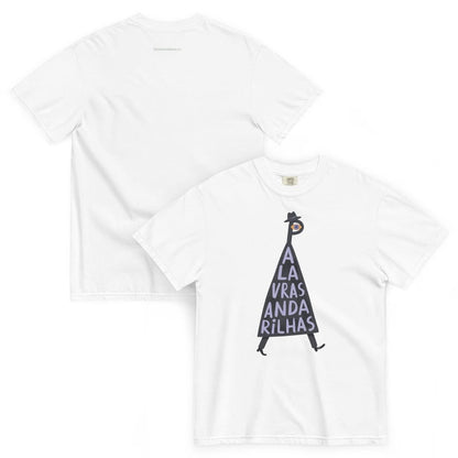 Two white short-sleeve t-shirts shown on a plain white background, with one shirt displaying the front graphic and the other showing the back. The front shirt features a dark gray inverted triangle graphic with the text 'A LA VRAS ANDA RILHAS' written vertically inside, alongside a small stylized bird character at the top.