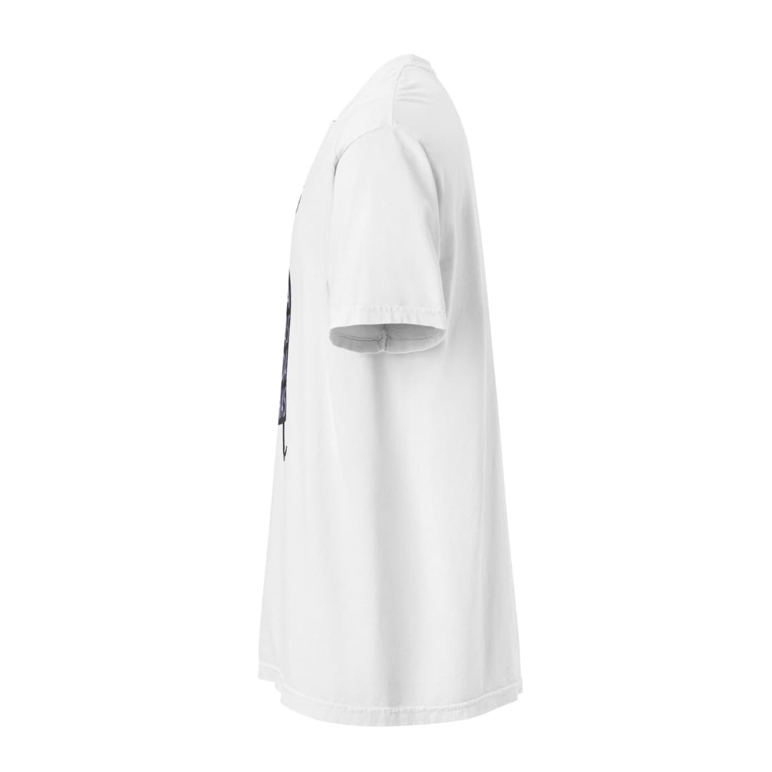 White t-shirt with a small black logo on a white background
