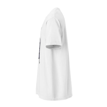 White t-shirt with a small black logo on a white background