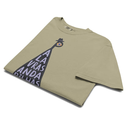 A folded beige t-shirt with a graphic print of a streetlamp and the text 'LA AVRASANDA DE LAS' in white, displayed on a clean white background.