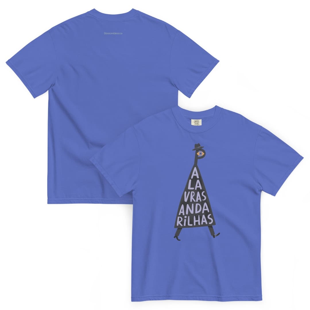 A royal blue short-sleeve t-shirt shown from both front and back. The front features a graphic of a black silhouette figure in a hat with the text 'A LA VRAS ANDA RILHAS' printed vertically inside the figure.