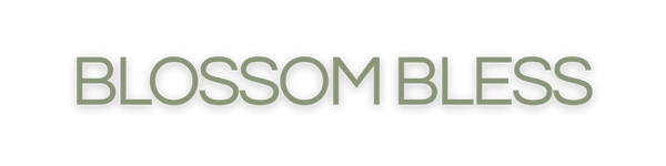 The text 'BLOSSOM BLESS' appears in a muted sage green serif font on a plain white background.
