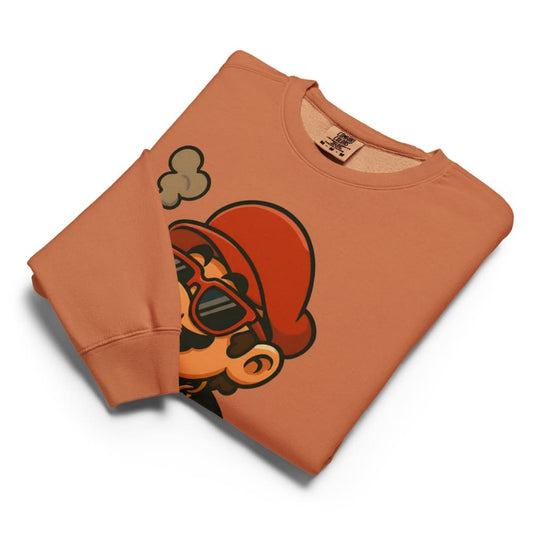 Folded brown sweatshirt with graphic design on a white background