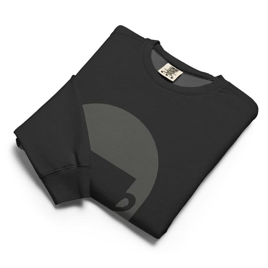 Folded black sweatshirt with a logo on a white background