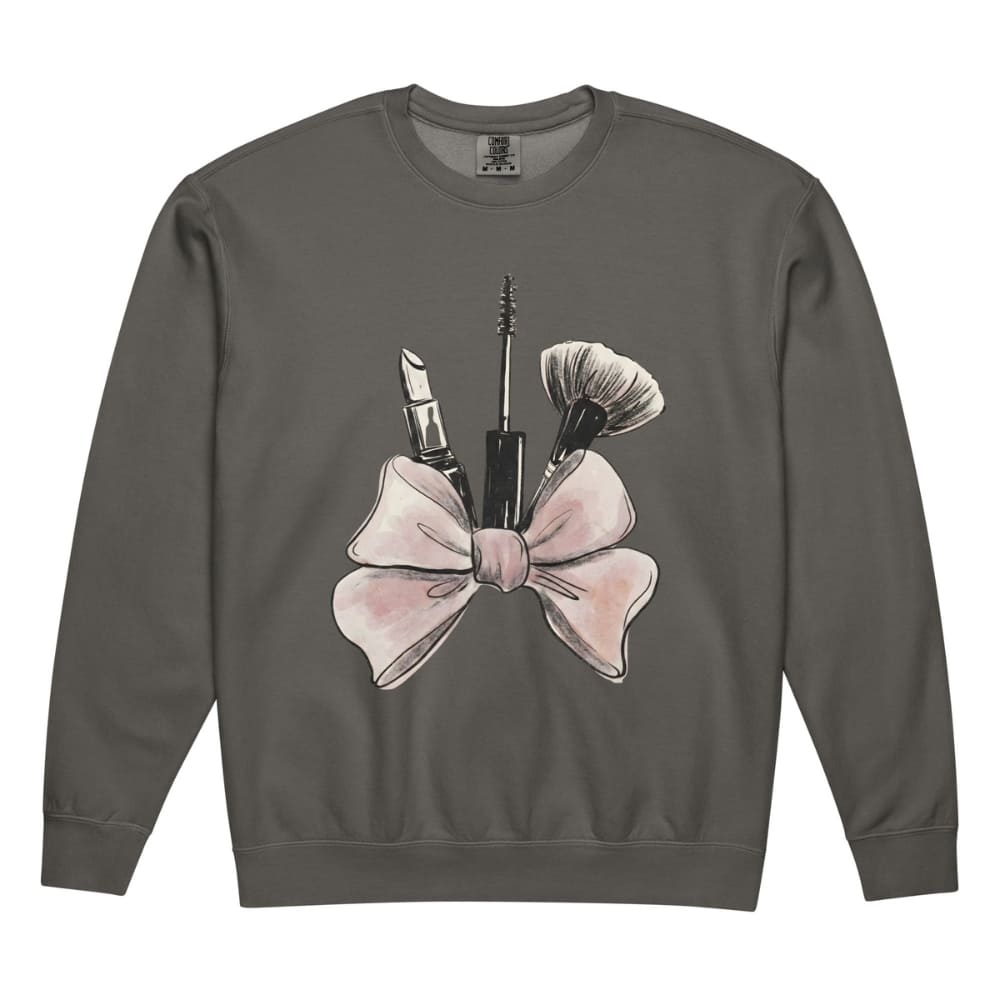 Gray sweatshirt with makeup and bow design on a white background