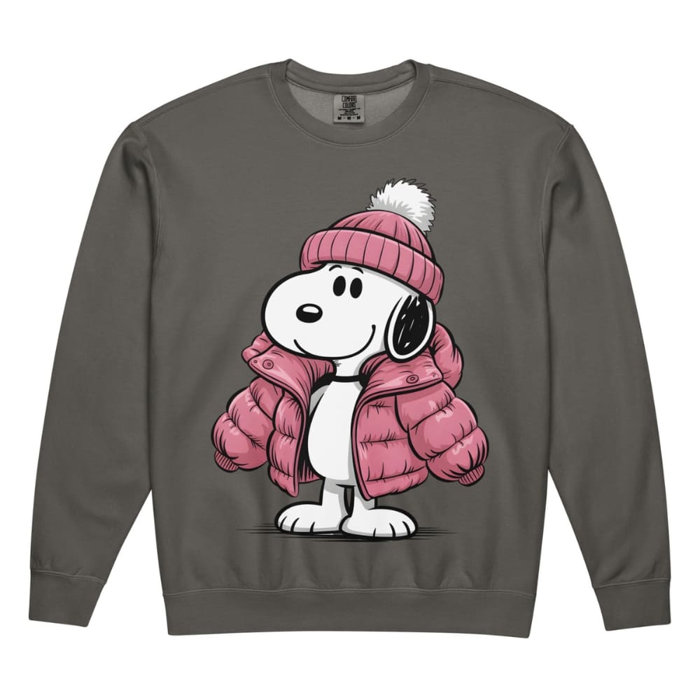 Gray sweatshirt with a cartoon dog wearing a pink coat and hat on a white background