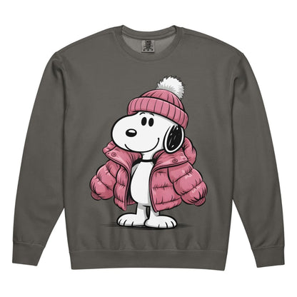 Gray sweatshirt with a cartoon dog wearing a pink coat and hat on a white background