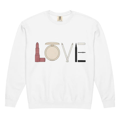 White long-sleeve shirt with makeup icons spelling 'LOVE' on a white background