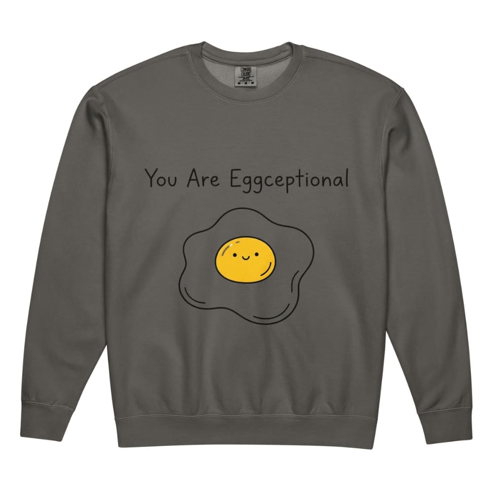 Gray sweatshirt with a smiley face egg graphic and text 'You Are Eggceptional' on a white background