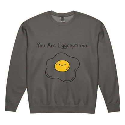 Gray sweatshirt with a smiley face egg graphic and text 'You Are Eggceptional' on a white background