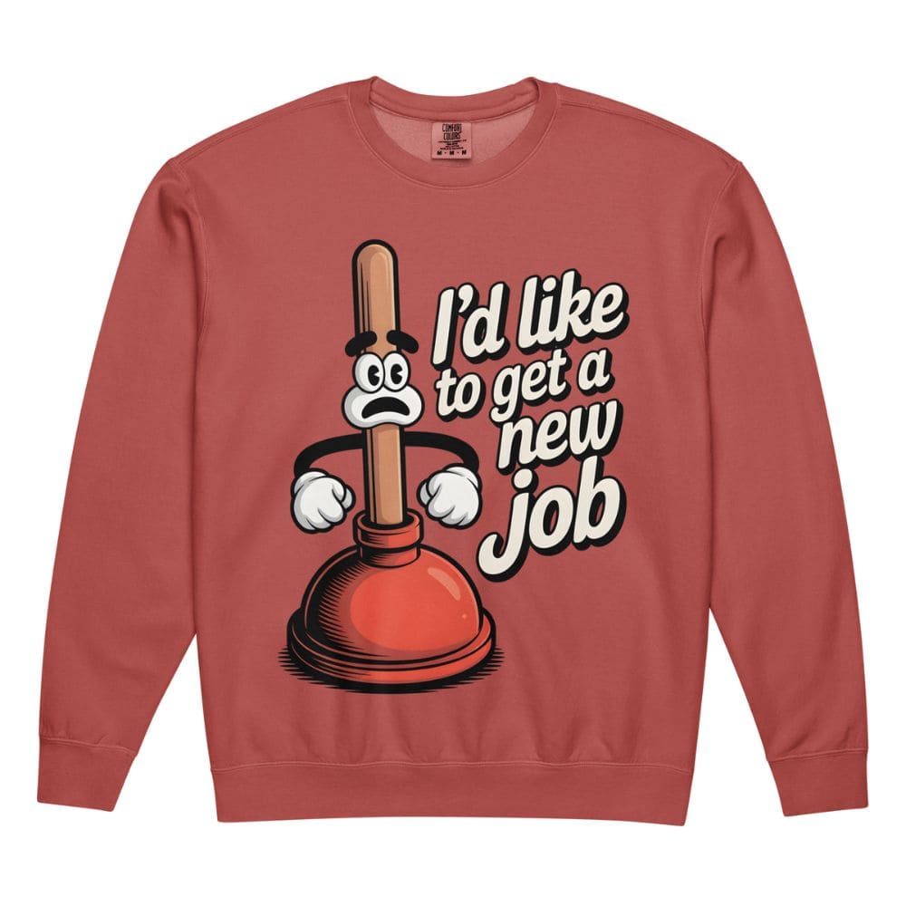 Red sweatshirt with a cartoon plunger character and text on a white background