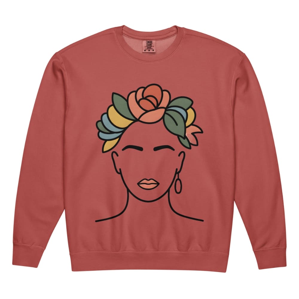 Red sweatshirt with a colorful floral headband design on a white background