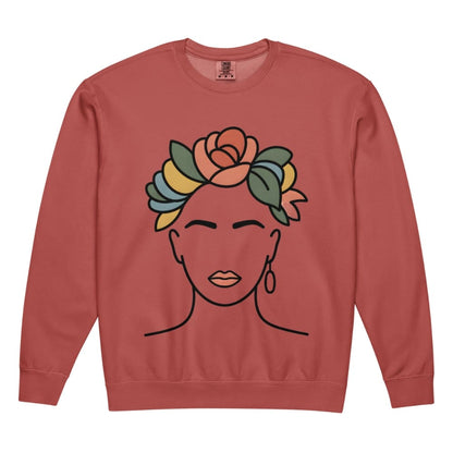 Red sweatshirt with a colorful floral headband design on a white background
