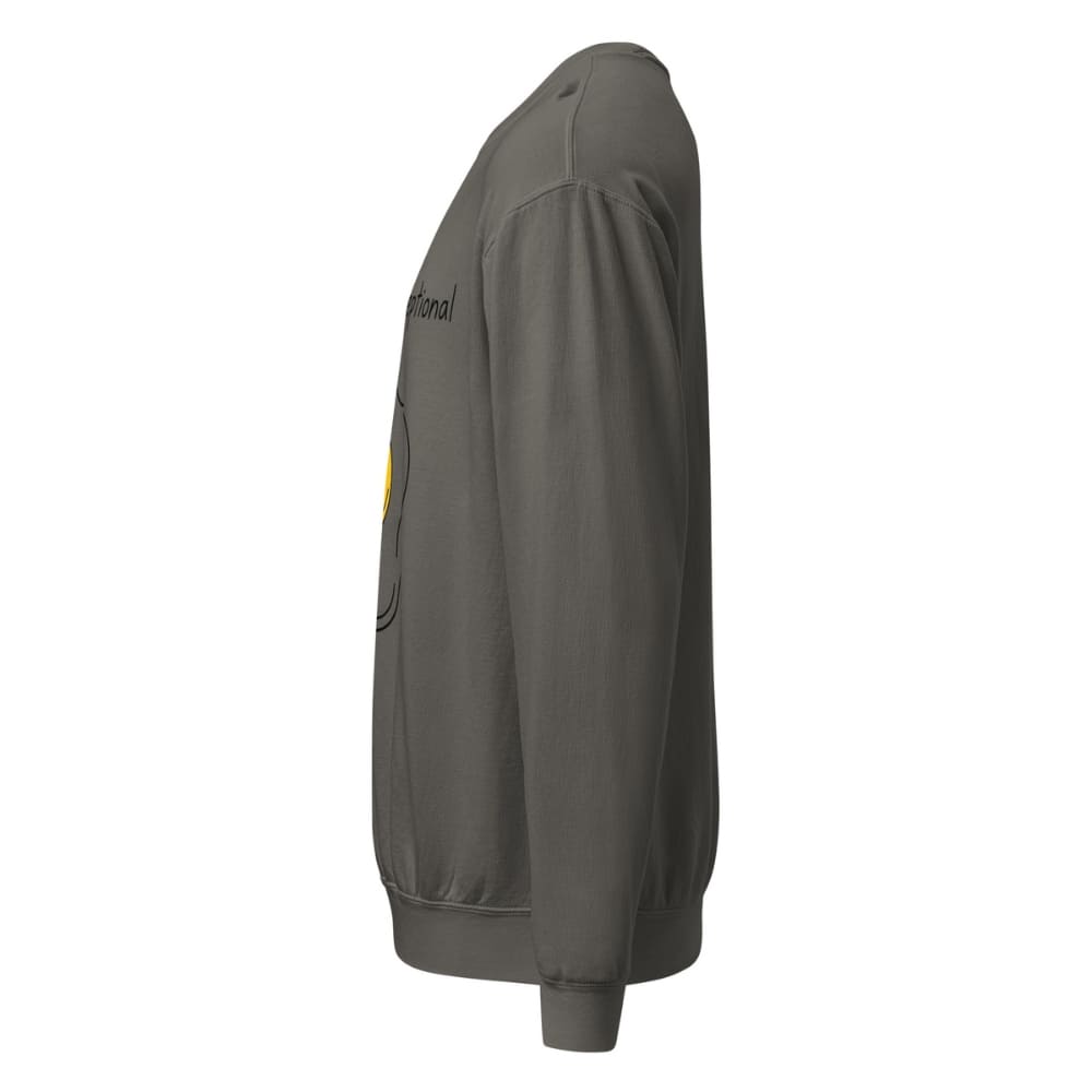 Gray sweatshirt with a logo on the sleeve against a white background