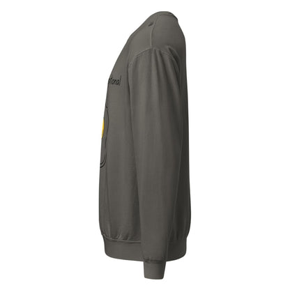 Gray sweatshirt with a logo on the sleeve against a white background