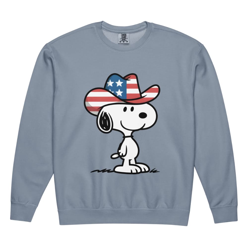 Blue sweatshirt with a cartoon dog wearing an American flag cowboy hat on a white background