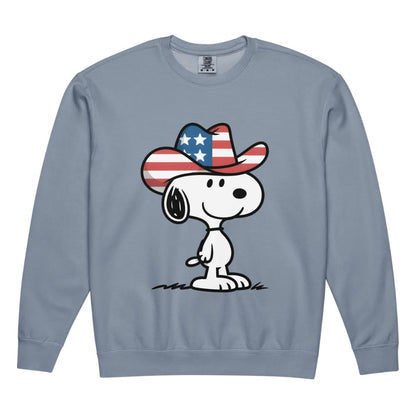 Blue sweatshirt with a cartoon dog wearing an American flag cowboy hat on a white background