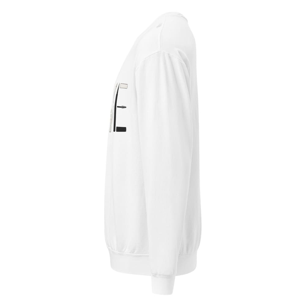 White sweatshirt with a small black logo on a white background