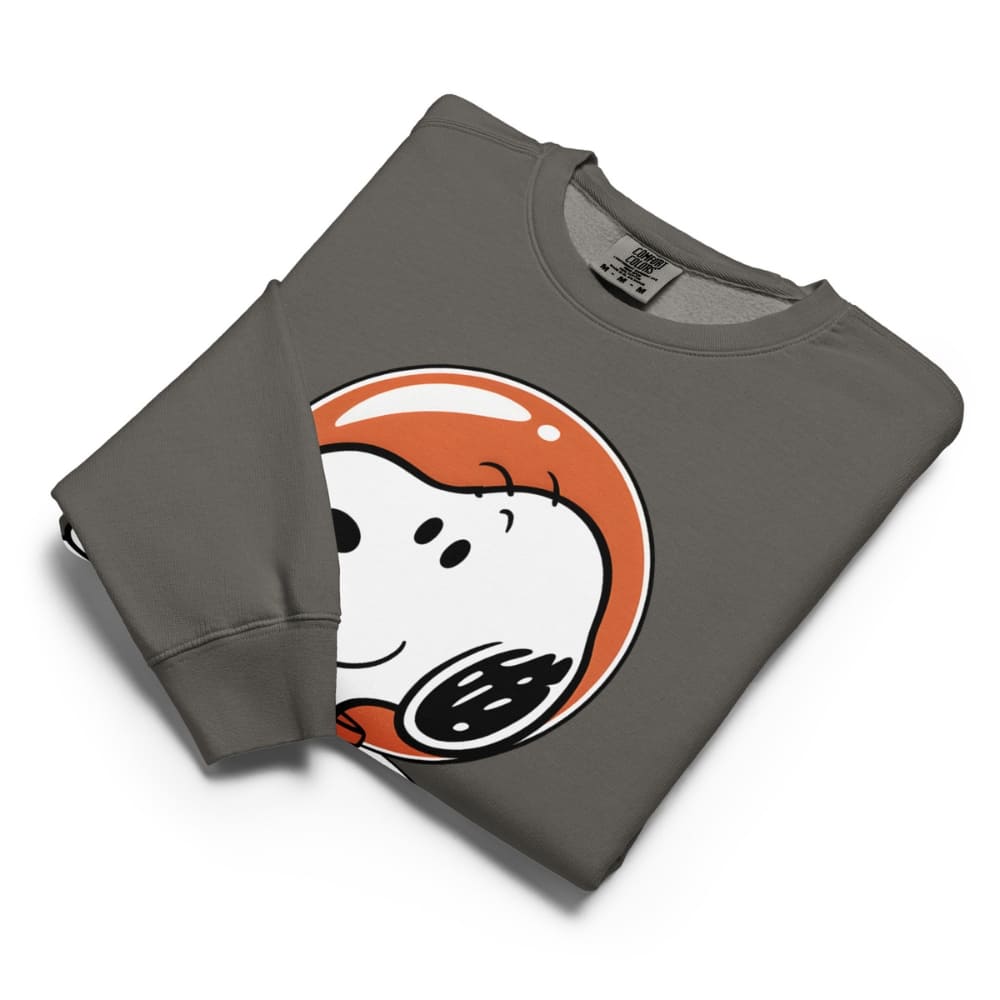 Folded gray sweatshirt with a cartoon character design on a white background