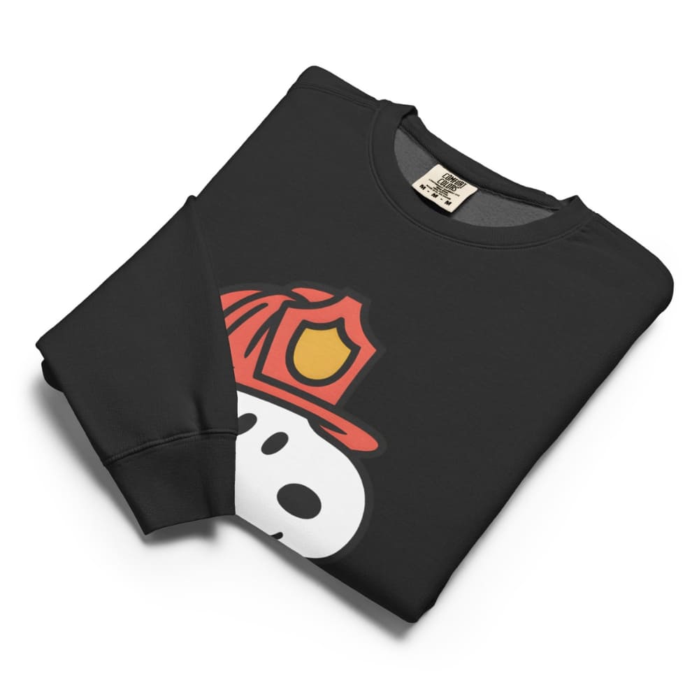 Black sweatshirt with a graphic design of a snowman wearing a firefighter helmet on a white background