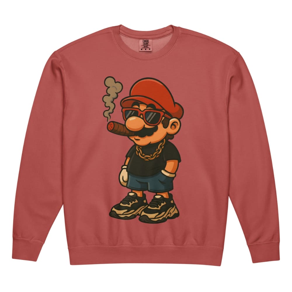 Red sweatshirt with a cartoon character wearing sunglasses and a hat smoking a cigar on a white background.