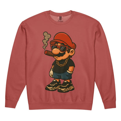 Red sweatshirt with a cartoon character wearing sunglasses and a hat smoking a cigar on a white background.