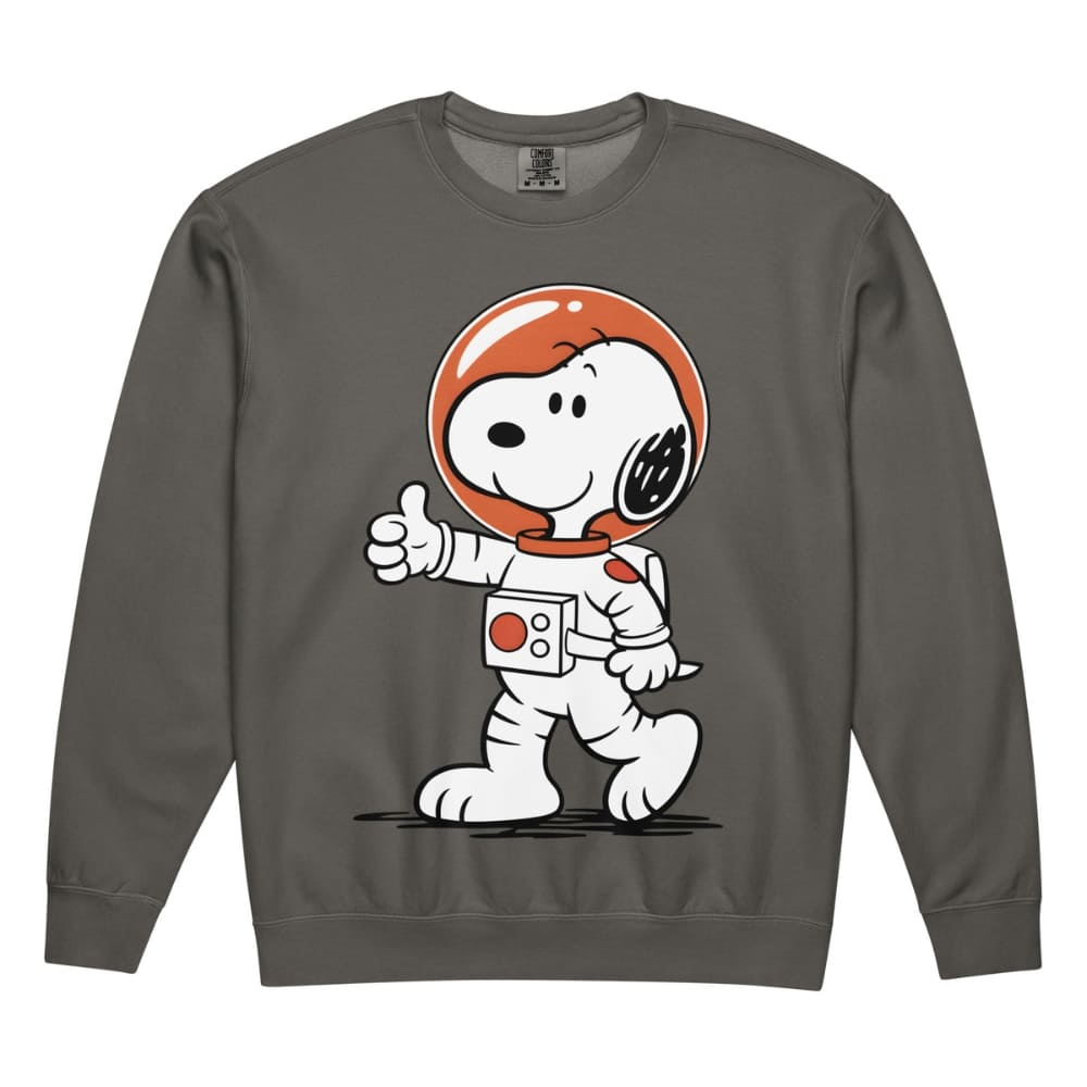 Snoopy in an astronaut costume on a gray sweatshirt