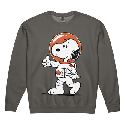 Snoopy in an astronaut costume on a gray sweatshirt