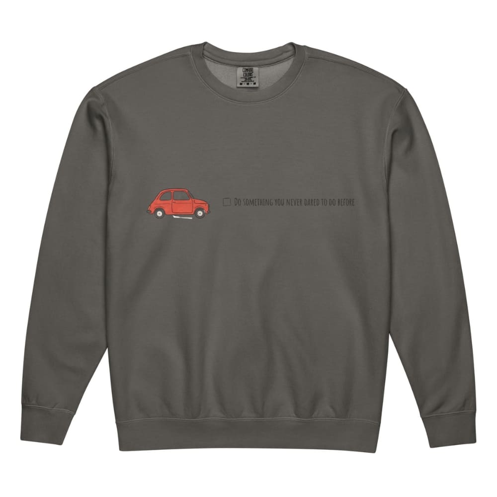 Gray sweatshirt with a red car graphic and text on a white background
