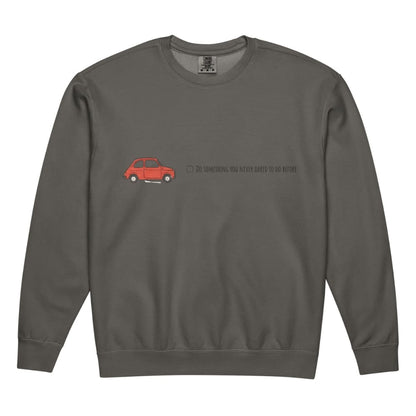 Gray sweatshirt with a red car graphic and text on a white background
