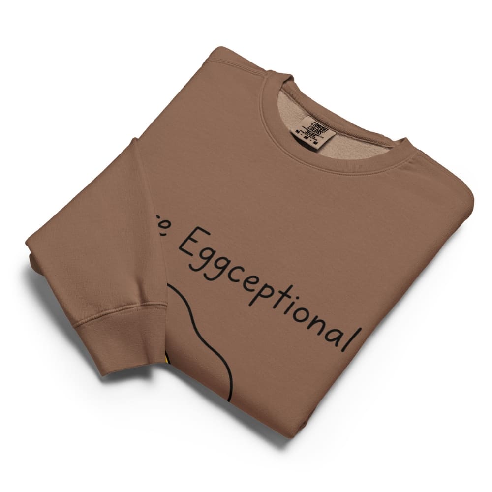 Folded brown sweatshirt with 'Eggceptional' text on a white background
