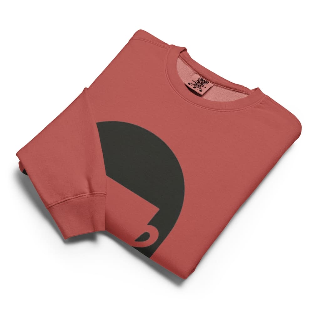 Folded red sweatshirt with a black logo on a white background