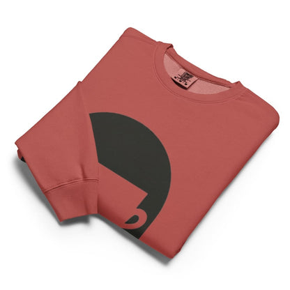 Folded red sweatshirt with a black logo on a white background