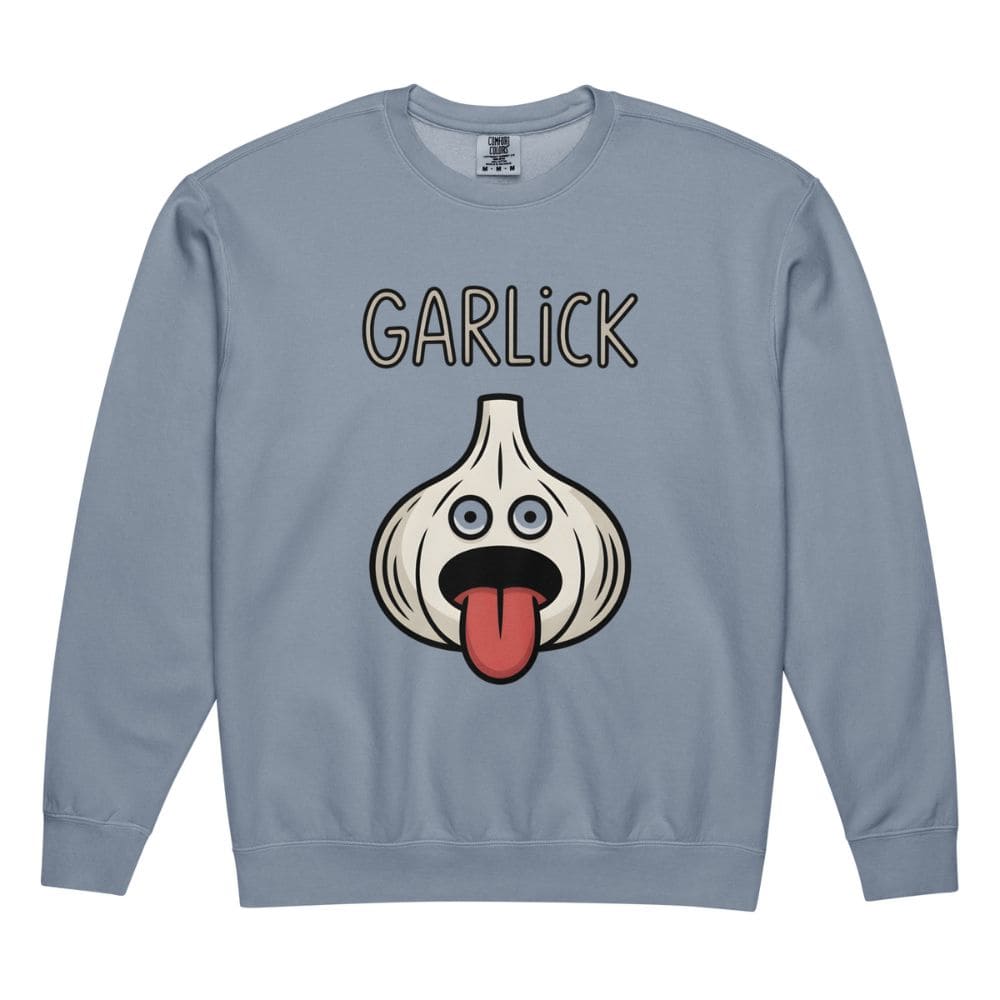 Blue sweatshirt with a cartoon garlic character and 'GARlick' text on a white background