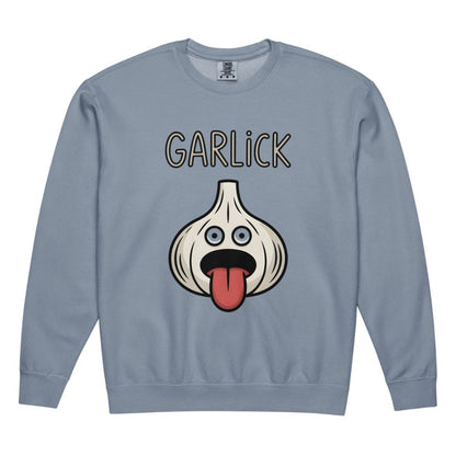Blue sweatshirt with a cartoon garlic character and 'GARlick' text on a white background