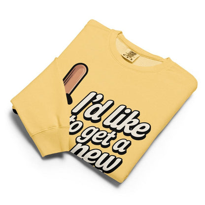 Yellow sweatshirt with text and graphic on a white background