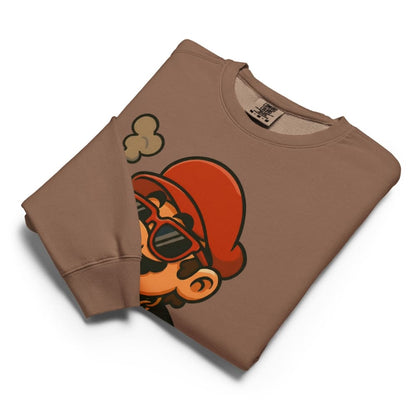 Folded brown sweatshirt with a graphic design on a white background