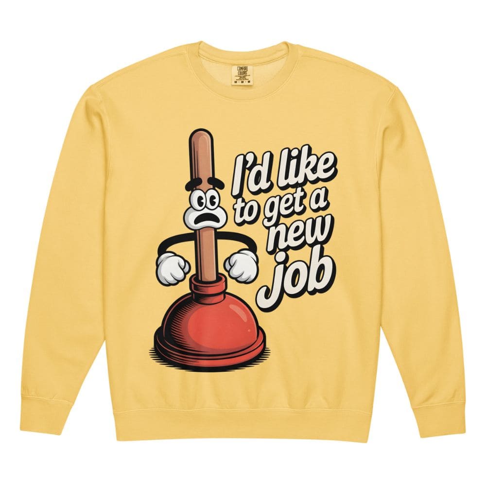 Yellow sweatshirt with a cartoon plunger character and text on a white background